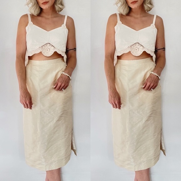 VINTAGE | Ivory Taffeta Satin Pencil Button Down Split Side High Rise MIDI Skirt - Picture 3 of 10